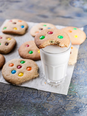 Homemade cookies with chocolate chips and milk. Cook at home