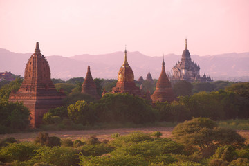 Ancient temples of Bagan in the violet twilight. Myanmar