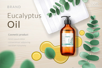 Realistic glassware bottle with eucalypti liquid and eucalyptus branch with leaves, oil blob or splash. Medical 3d spray or dispenser, aerosol near liquid and plant.Medical advertising, branding theme