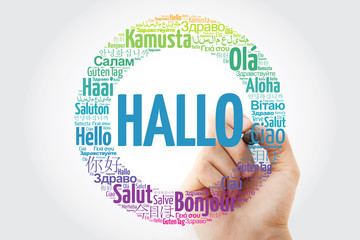Hallo (Hello Greeting in German) word cloud in different languages of the world, background concept