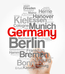 List of cities and towns in GERMANY, map word cloud collage, business and travel concept background