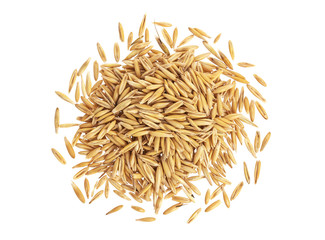Pile of oat grains isolated on white background, top view