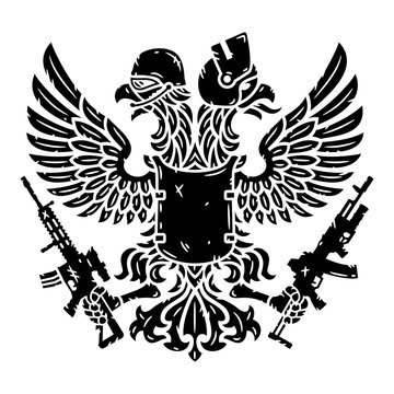 Double-headed eagle in helmet and with machine guns.