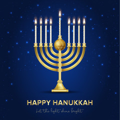 Jewish holiday Hanukkah background, realistic menorah (traditional candelabra), burning candles, bokeh effect. Vector illustration.