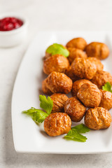 Swedish traditional meatballs on white plate. Swedish food concept.