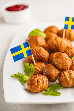Swedish traditional meatballs on white plate. Swedish food concept.