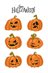 Set of spooky horror images of pumpkins. Scary Jack-o-lantern facial expressions Illustration