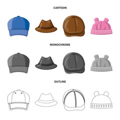 Vector illustration of headgear and cap sign. Set of headgear and accessory stock vector illustration.