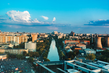 City from above with road, BUCHAREST, ROMANIA, September 13, 2018: Modern office buildings in Bucharest.