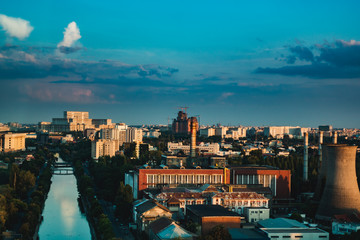 City from above with road, BUCHAREST, ROMANIA, September 13, 2018: Modern office buildings in...
