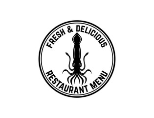 Fresh seafood. Emblem template with squid. Design element for logo, label, emblem, sign, poster.