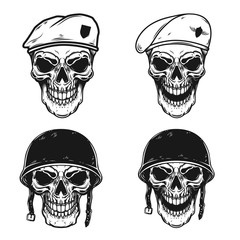 Set of soldier skull in battle helmet and paratrooper beret. Design element for logo, label, emblem, sign, poster, t shirt.