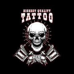 tattoo studio emblem template. Crossed tattoo machine, skull. Design element for logo, label, sign, poster, t shirt.