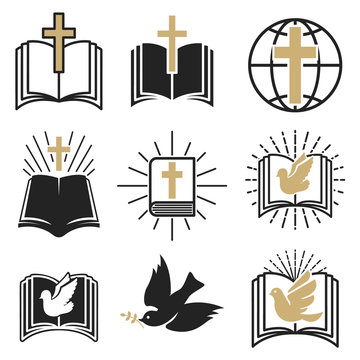 Set of religious signs. Cross with dove, holy spirit, bible. Design elements for emblem, sign, badge.
