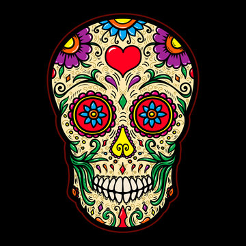 Illustration of mexican sugar skull isolated on black background. Design element for poster, card, t shirt.