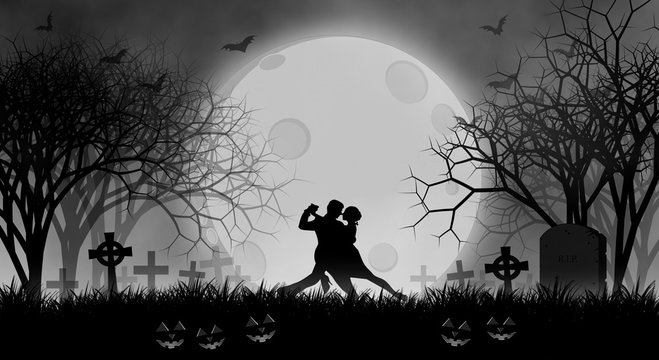 Halloween lover dance before full moon in creepy forest