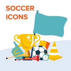 Soccer icons flat set isolated on white background, Cartoon illustration of soccer football icons for web, vector illustration.