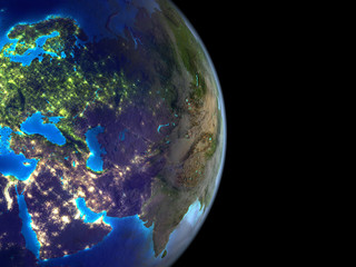 Fototapeta na wymiar Asia on planet Earth from space with city lights. Satellite view.