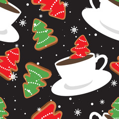 Gingerbreads, biscuits, cups of cocoa, hand drawn overlapping background. Colorful seamless pattern vector with food. Decorative cute wallpaper, good for printing. Christmas fir trees, snow