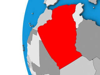Fototapeta premium Algeria on blue political 3D globe.