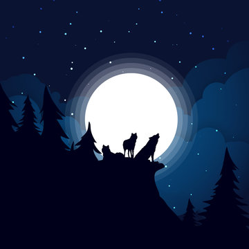 Black wolf family Silhouette the background of the full moon.