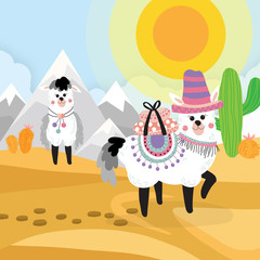 Desert seamless background elements, cartoon illustration with alpaca and cactuses.