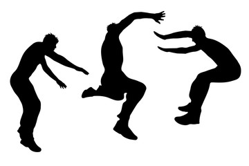 Vector silhouette of man who jumps on white background.