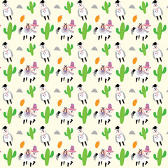 Alpaca and Cactus vector seamless pattern