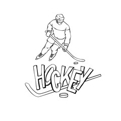 Vector hockey player in sports uniform. Black white outline illustration vintage sportsman and inscription letters.