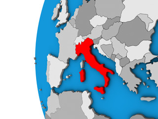 Italy on blue political 3D globe.
