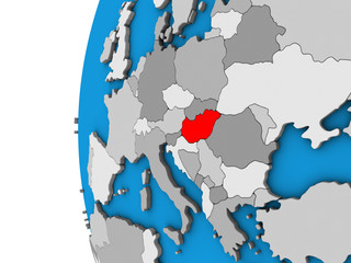 Hungary on blue political 3D globe.