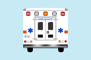 Back of ambulance car vector isolated on the blue background.