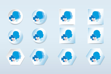 Fototapeta premium Health care icon vector showing profile silhouette of man and woman in circular, square and hexagonal shapes, All is on the light blue background. 