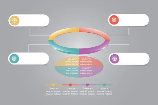 Infographic of colorful ellipse divided into 4 parts showing process and steps. White labels around are ready for your text. All is on the gray gradient background. 