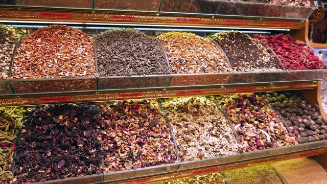 Various types of tea on sale inside Spice Bazaar, Istanbul, Turkey.