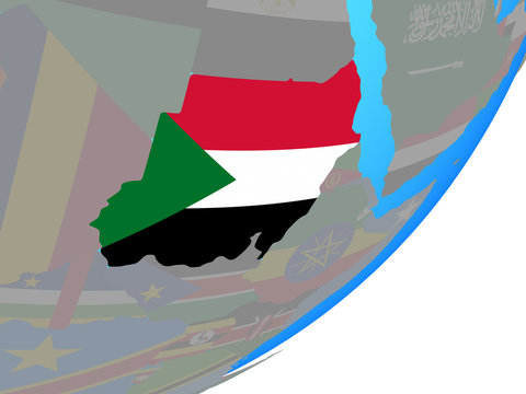 Sudan with embedded national flag on blue political globe.