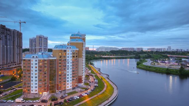 Timelapse of day to night transition over Moscow river