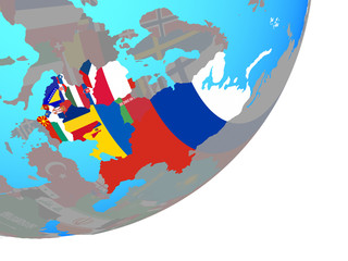 Eastern Europe with embedded national flag on blue political globe.