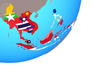 South East Asia with embedded national flag on blue political globe.
