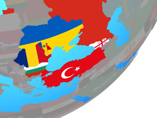 Black Sea Region with embedded national flag on blue political globe.