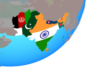 SAARC memeber states with embedded national flag on blue political globe.