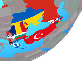 Obraz premium BSEC countries with embedded national flag on blue political globe.