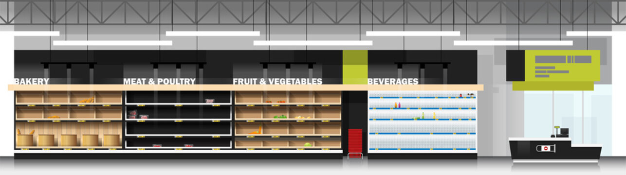 Interior scene of modern supermarket with empty shelves and cashier counter , vector , illustration