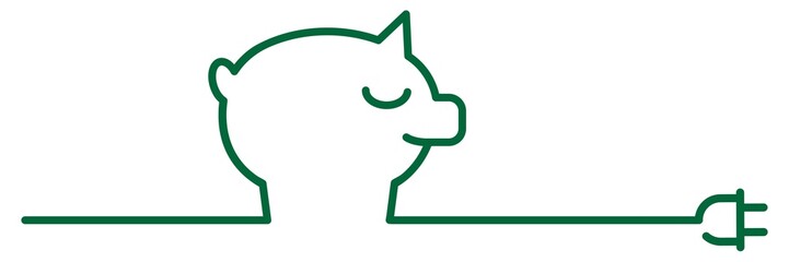 ncld1 NewContinuousLineDrawing ncld - english - green piggy bank with power plug: (continuous line drawing / line-art-sign) - banner 3to1 - xxl g6672
