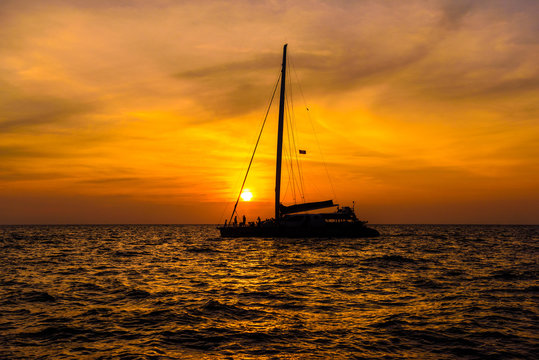 Sail boat in sunset, Phi Phi Leh islands, Andaman sea, Krabi, Th