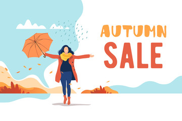 Autumn sale. Young happy woman with umbrella in a park. Vector illustration.