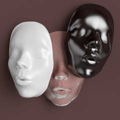Abstract Face hiding between black and white masks 3d render