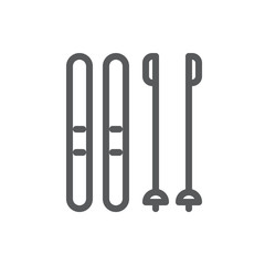 Pair of skis with sticks editable icon - thin line pictogram of winter sport equipment for active vacation concept.
