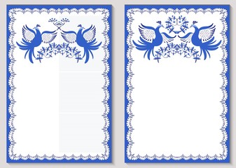 Set of ornate templates for greeting card or invitations with ornaments in the style of national porcelain painting. Blue pattern with flowers and birds on white background.