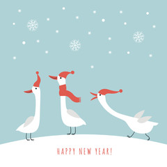 Three cute geese in red hats and scarves in winter, vector illustration, christmas and new year card © LenLis